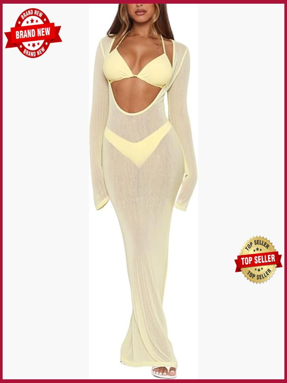 Women's 3 Piece Triangle Thong Bikini Set with Sheer Cover Up Maxi Dress